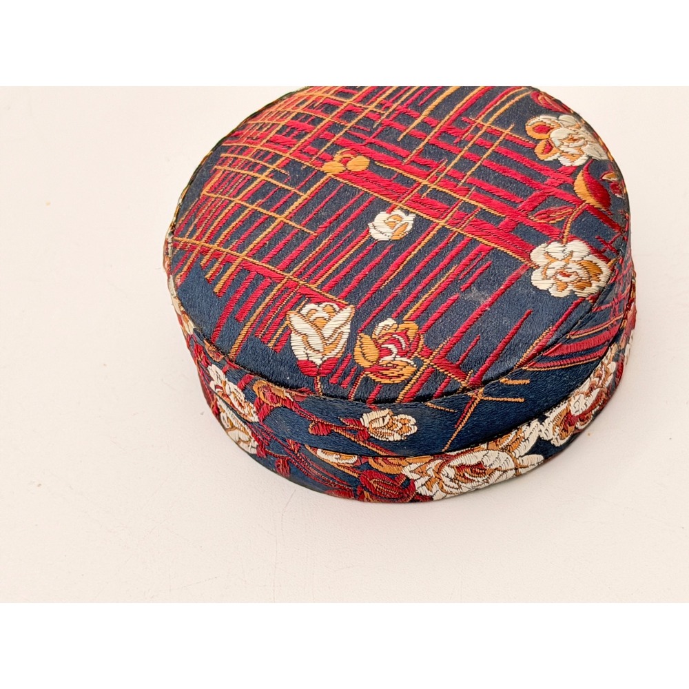 Vintage Chinese Silk Brocade Round Trinket Jewelry Box Floral Navy Red 3 Inch - Picture 7 of 8